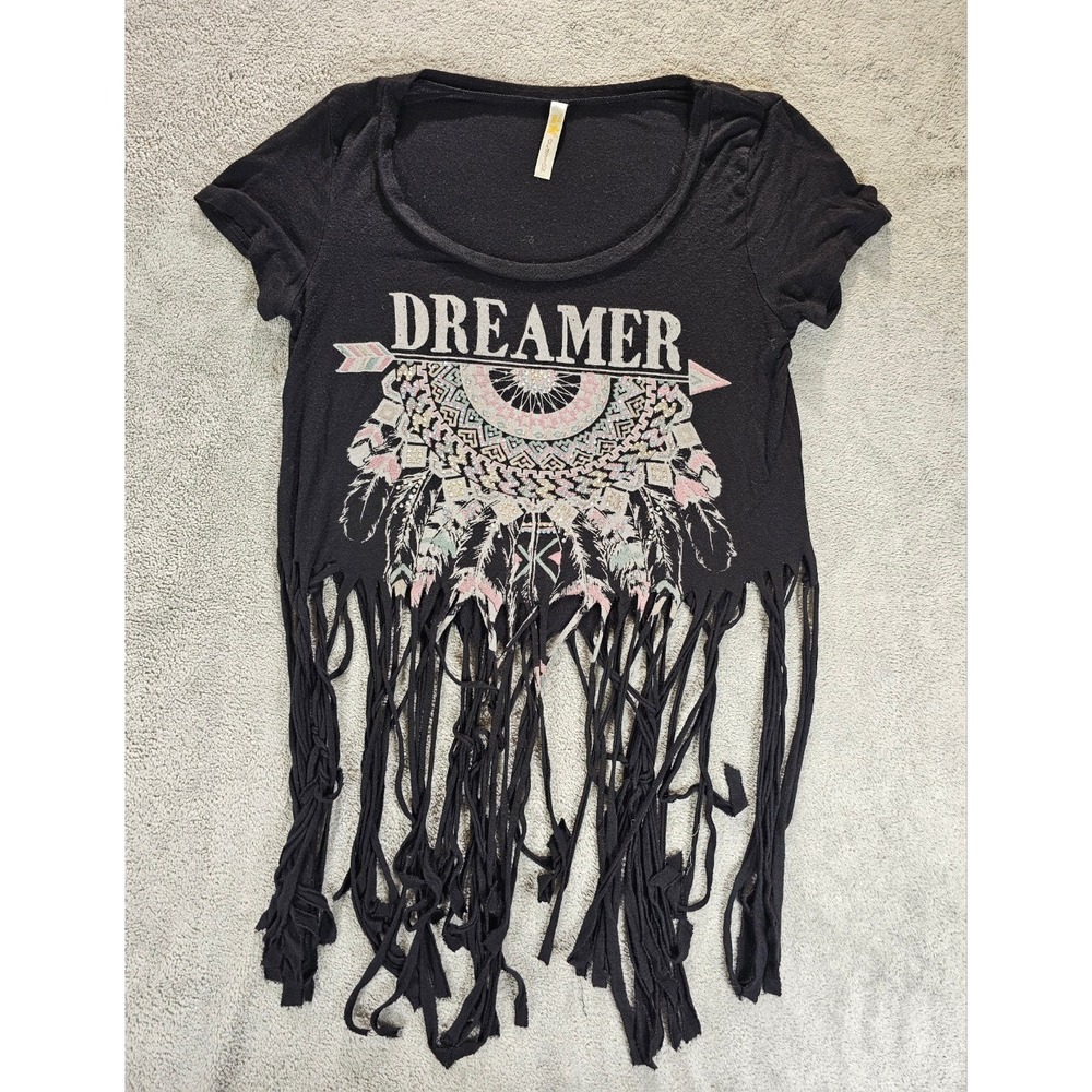 Occasion Black Dreamer Graphic Fringe Crop Top Boho Rhinestone Festival Tee